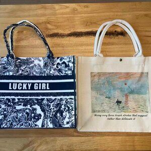 Canvas Tote Bag Set “Lucky Girl” + Monet-Inspired Art (Buy One Get One Free)